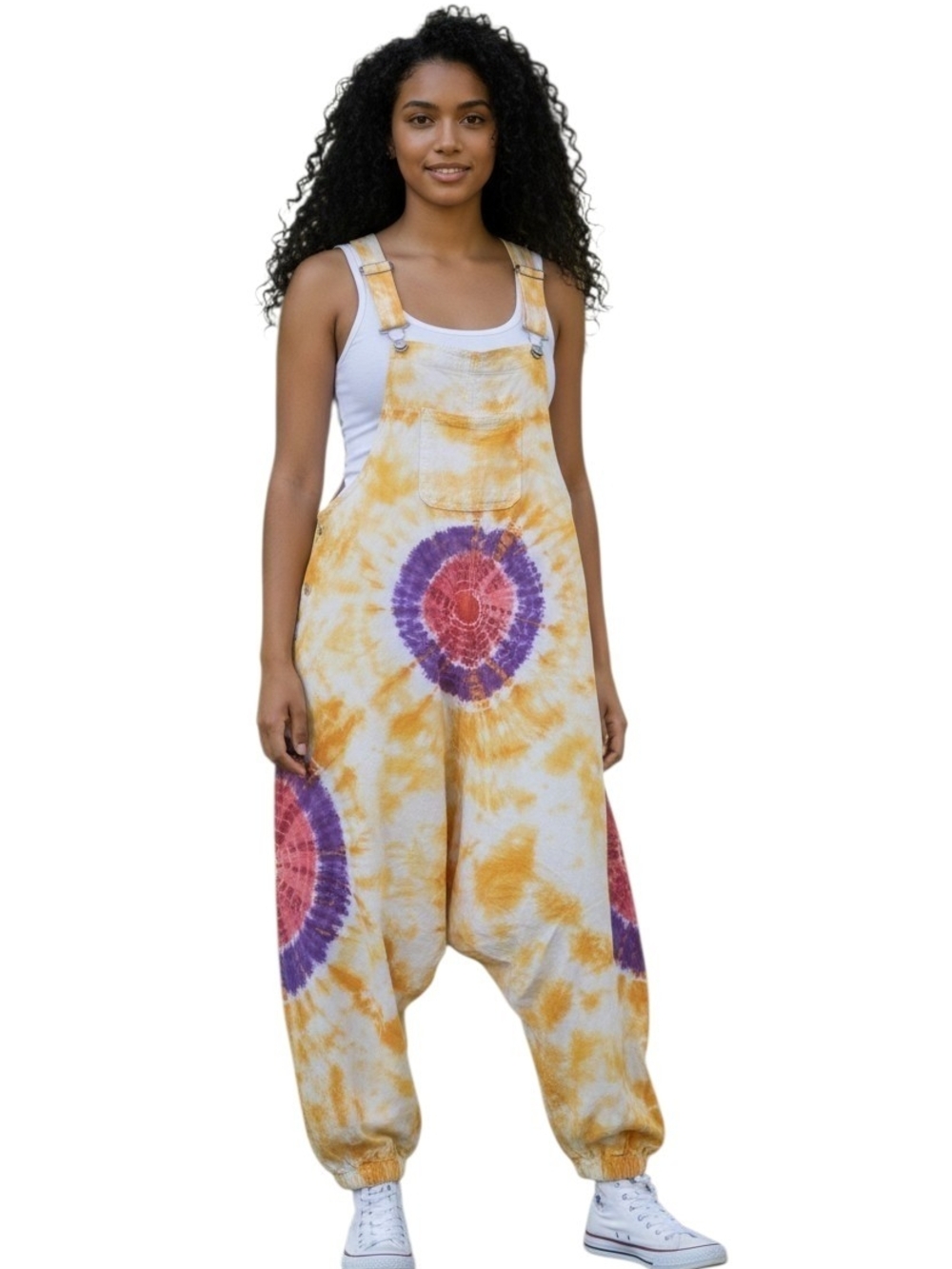 Tie-Dye Cotton Overalls in Yellow & Purple